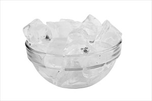 Ice cubes in a glass bowl.