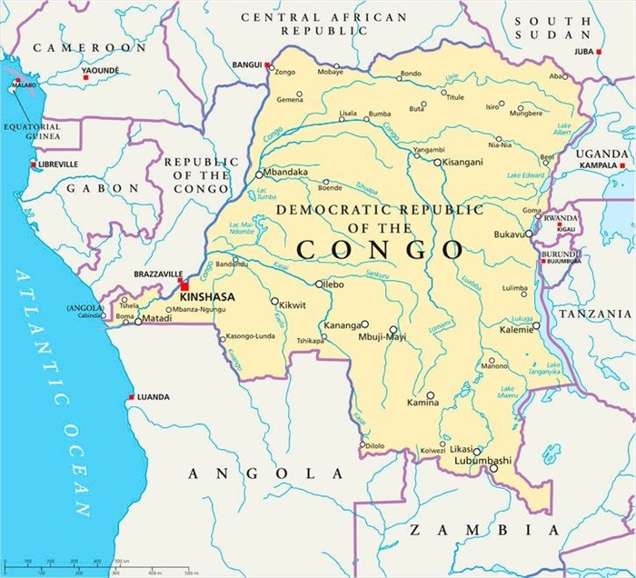 Map of Congo Democratic Republic showing the capital city of Kinshasa, national borders, other important cities, rivers and lakes.