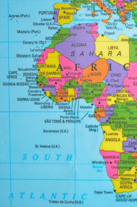 Map of the western coast of Africa depicting areas outbreaks of Ebola typically occur.