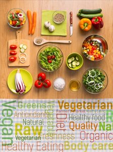 Healthy fresh vegetarian food on a kitchen table