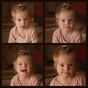 Little girl with down syndrome showing a range of emotions and feelings.